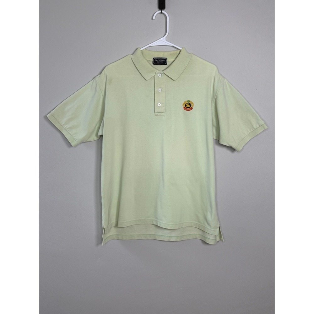 Vtg Burberrys Polo Shirt Oversized S Green Crest Embroidered Pique Cotton-Fits L